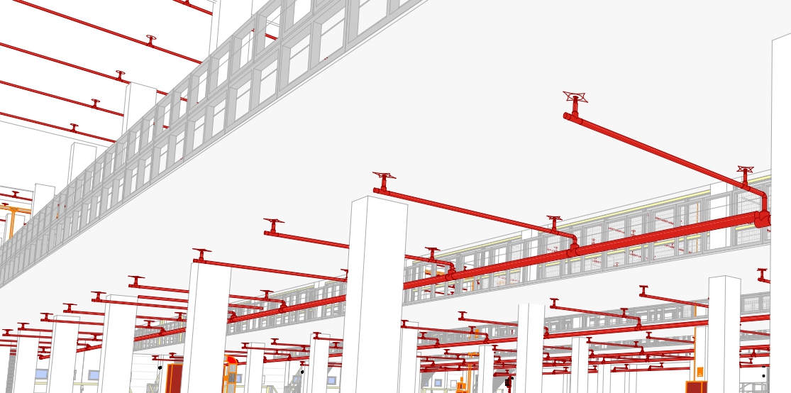 Revit 3D view — sprinkler system of the light-rail depot